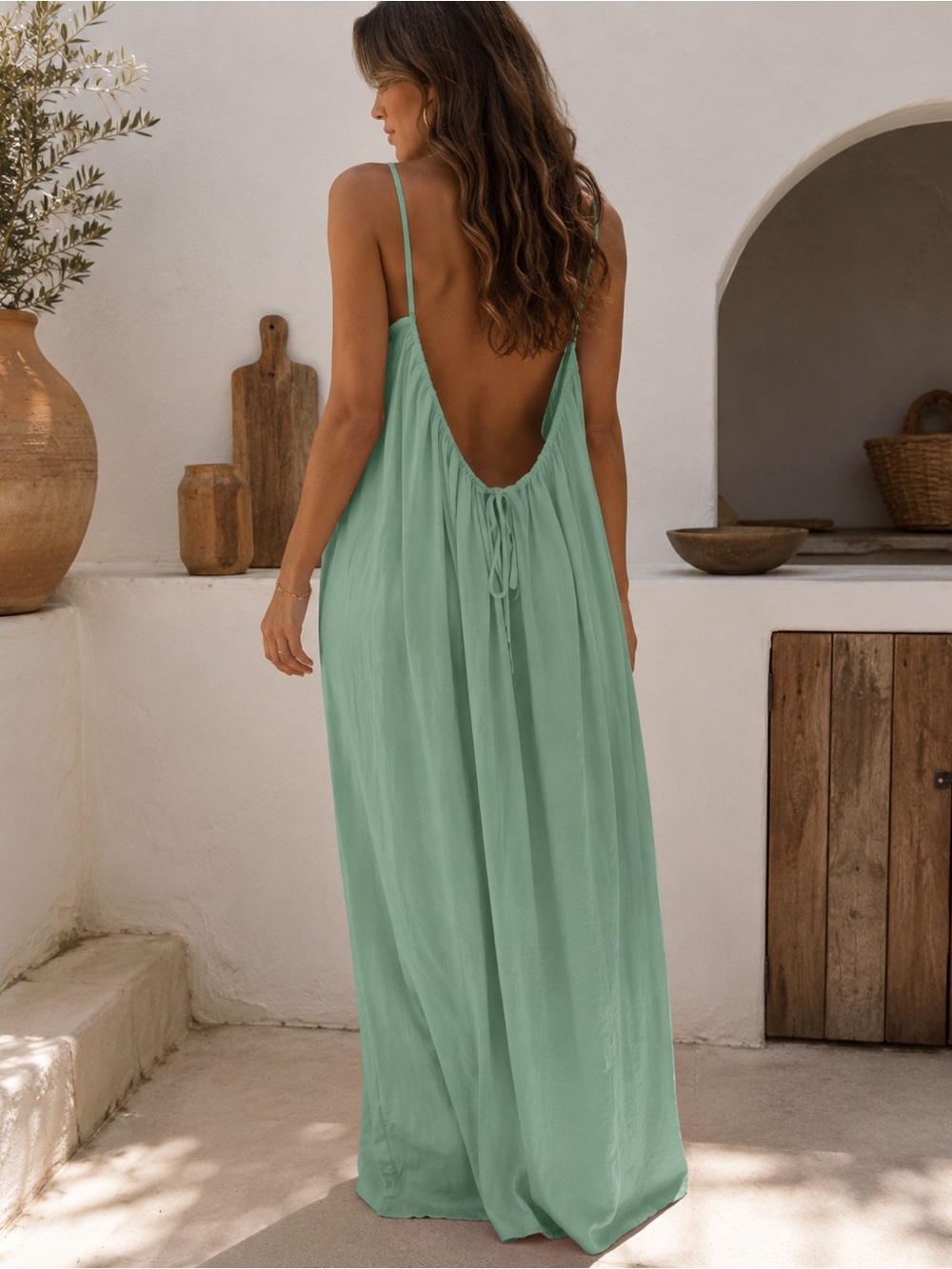 SheCurve Backless Cami Maxi Dress Mint Green Sage 2XL Summer Flowy Boho Lounge